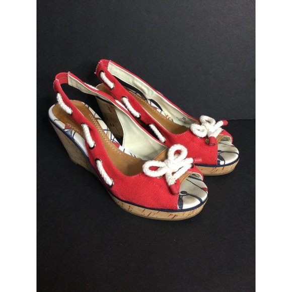 Sperry Womens Shoes size 9M Nautical Wedge Heeled Sandal Peep Toe Bows - Picture 1 of 10